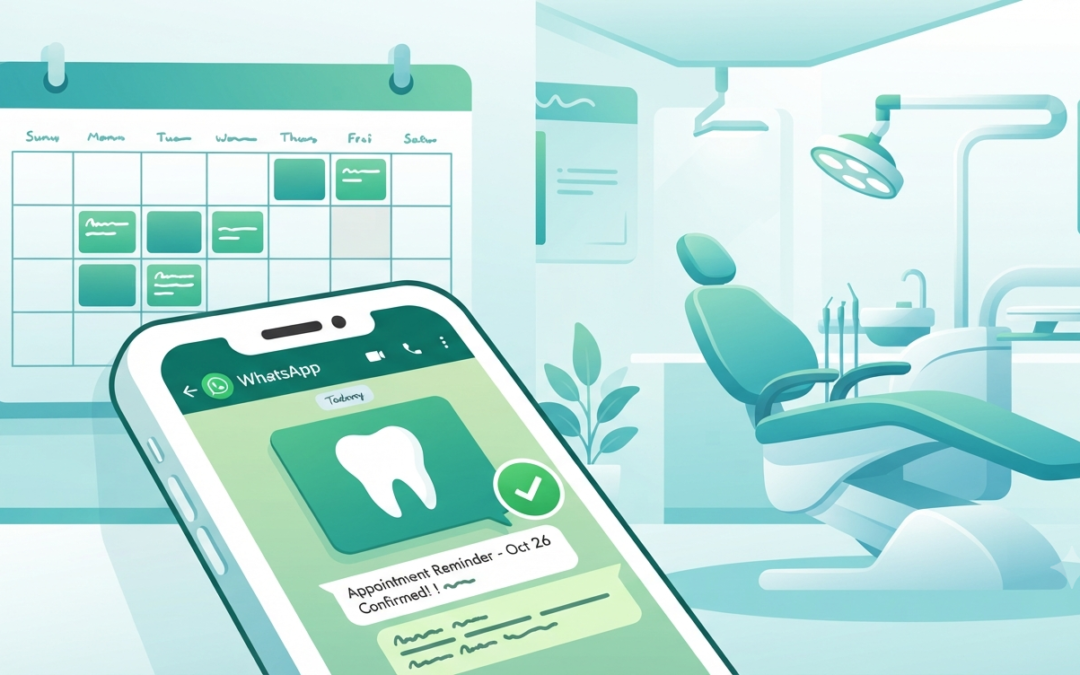 Smartphone mostrando una notificación de WhatsApp con un recordatorio de cita dental y un ícono de diente, con un calendario y sillón dental al fondo