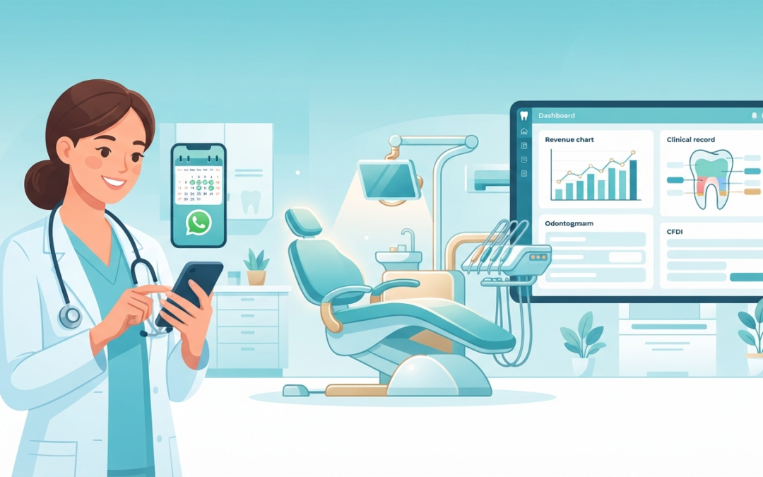 Odontóloga usando Dentdoc: agenda con WhatsApp, expediente clínico y dashboard financiero en un consultorio dental moderno